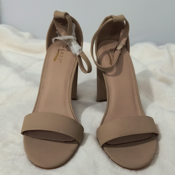 Glaze Shoes - Glaze Nude Beige Block Y2K Chunky Ankle Strap Heels